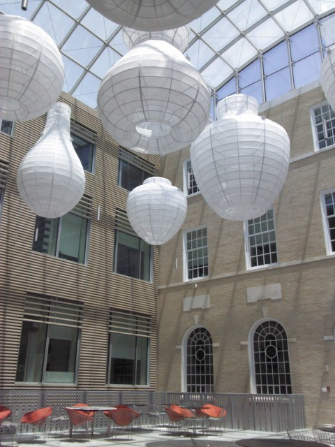 A shot looking up at the forms of Kendall Buster's 'Vessel Field', inside the atrium in Gilman Hall, Johns Hopkins University.